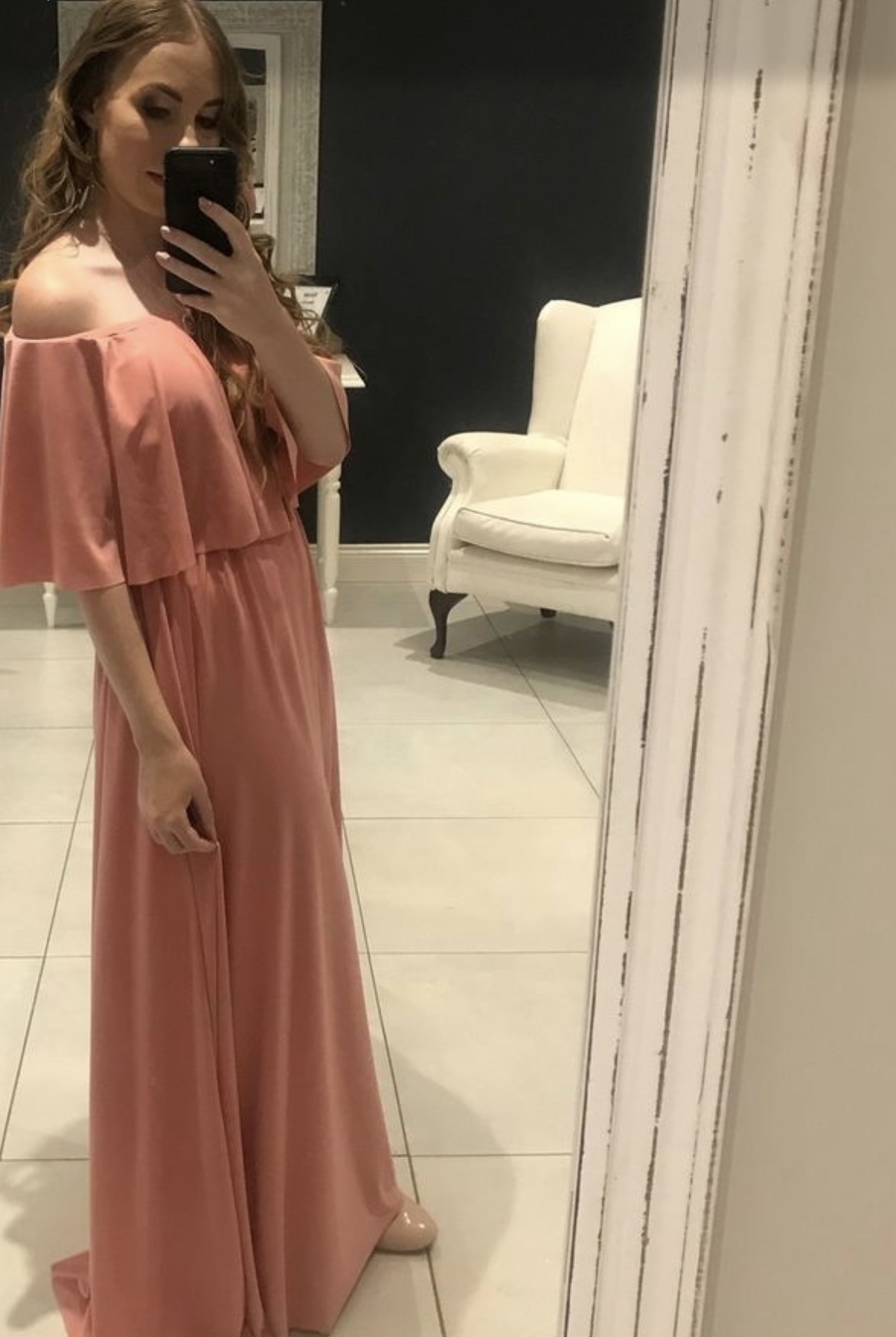 Dusty pink off the shoulder bridesmaid or wedding guest dress 