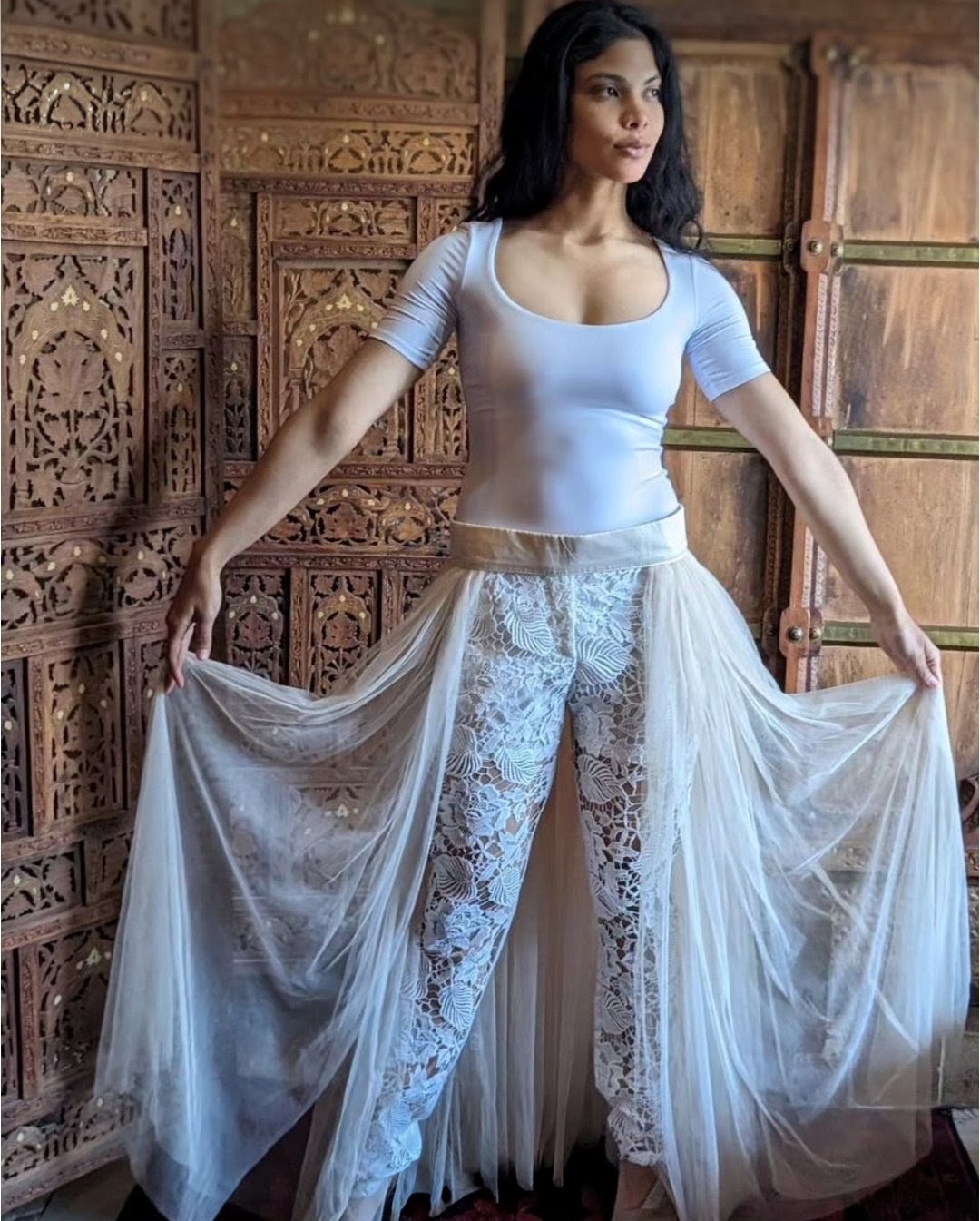 Tulle overlay skirt with lace and satin pants 