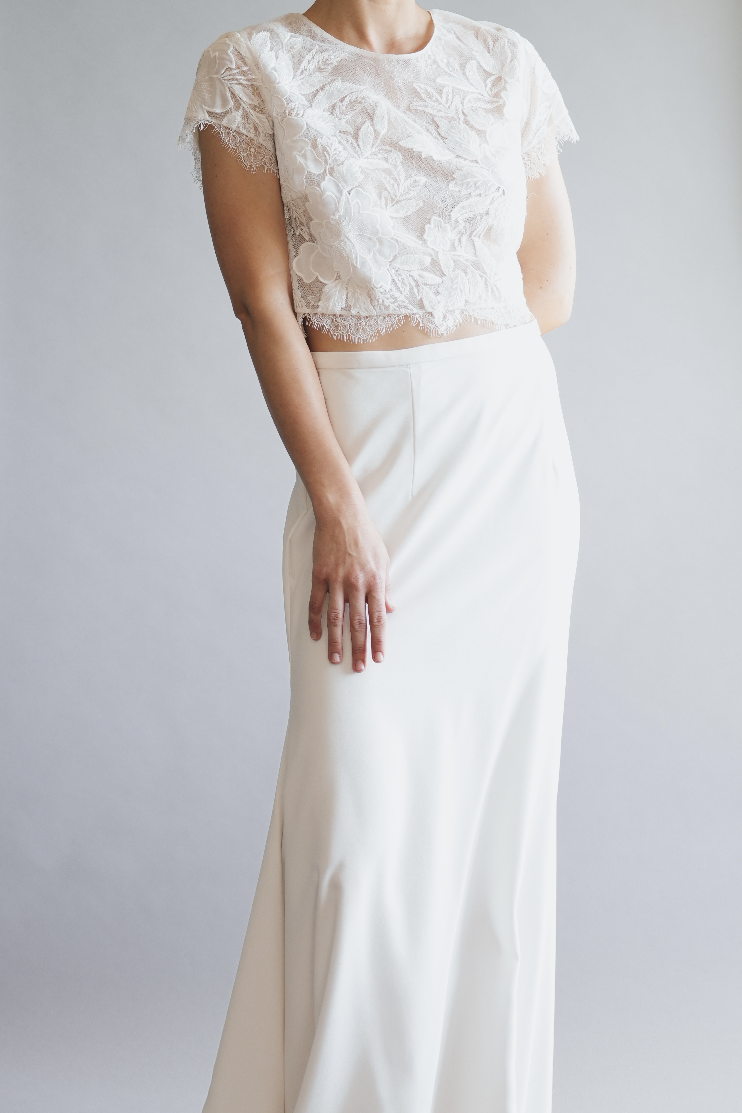 Elegant Two-Piece Wedding Dress | Floral Lace & Silk Crepe