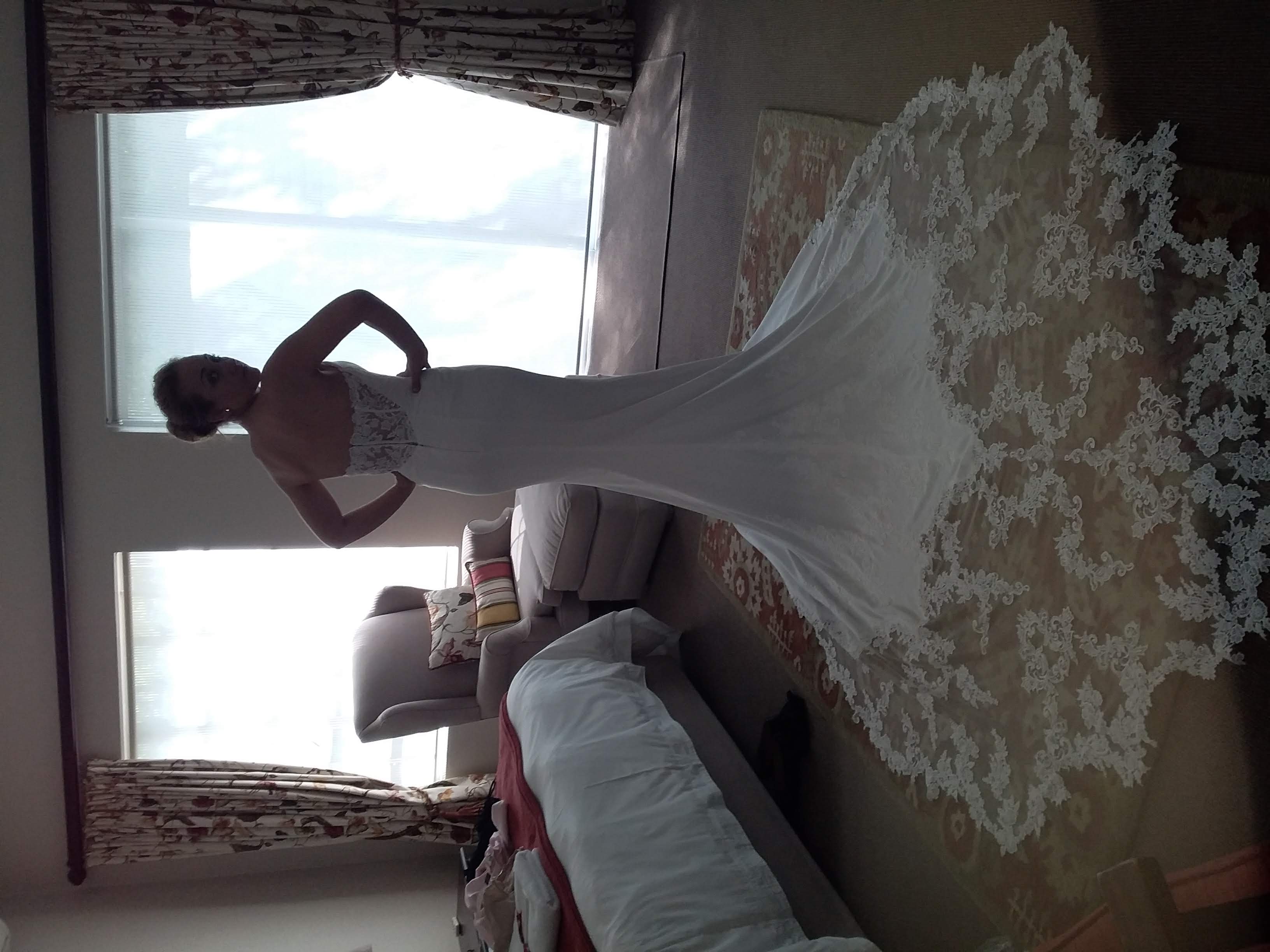 Larissa Enzoani Wedding Dress Label size ZA 16 but shelf size ZA 12. Ivory Georgette fabric with lac