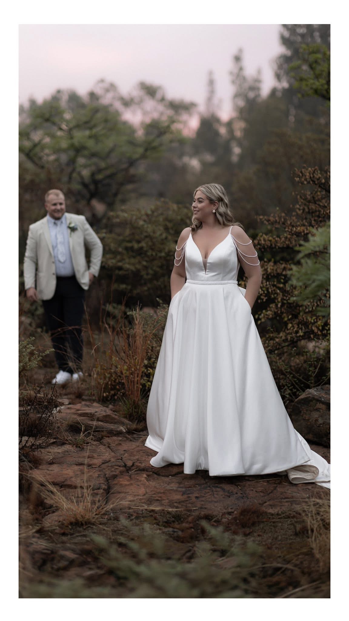 Ivory satin wedding gown with pearl detail - Fynbos dress