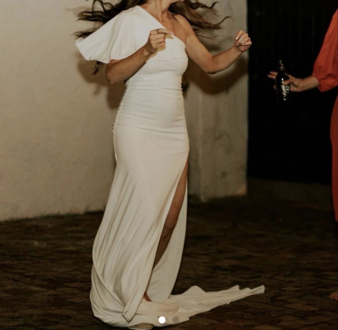 Lena Lisa scuba crepe one shoulder dress with train worn as a second wedding dress.
